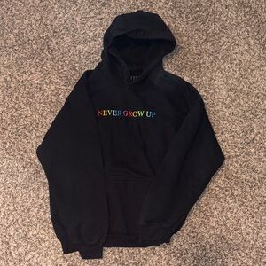 Baylen Levine Black Hoodie with Multicolor 'Never Grow Up' Embroidered Design